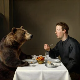 renaissance painting of mark zuckerberg eating dinner with a bear