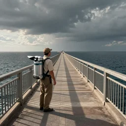 a milkman with a jetpack inspecting an endless bridge, photo realistic, realistic lighting, realistic shadows, ocean, bridge