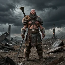 barbarian warrior standing in a nuclear wasteland, dark sky, cloudy