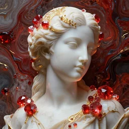 abstract highly detailed female sculpture portrait made of white marble and red crystals quartz, ethereal lights, fine details, artstation, film still, rim light, cinematic photoshooting, luxury, 8 k, intricate golden filigree, octane render, hypperrealistic painting, abstract liquid acrylic art