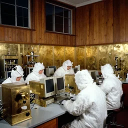 realistic photo of the old science laboratory, wooden walls brass panels, brass equipment and computers, people wearing white hairy fluffy cotton suits, dark sky in a window. 1 9 8 0, archive museum, documentary