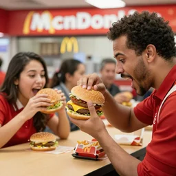 the hamburgler is stealing hamburgers from hungry mcdonalds customers, photorealistic
