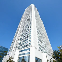 white photorealistic futuristic post - modern luxury skyscraper hotel in seoul with bright blue sky