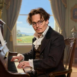 johnny depp as the clumsy yet adorable victor van dort from the corpse bride, portrait, illustration, the land of the death, piano in victorian front hall scene, rim light, top light, summer clear blue sky, perfectly shaded, soft painting, art by krenz cushart and wenjun lin