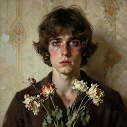 a beautiful and eerie baroque painting of a beautiful but serious young man in layers of fear, with haunted eyes and freckles, 1 9 7 0 s, seventies, peeling wallpaper, wilted flowers, morning light showing injuries, delicate ex embellishments, painterly, offset printing technique