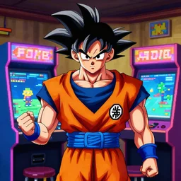 goku, fantastic lighting, arcade, videogame, pixel art, high detail, 1 6 bits, 2 d, sprite