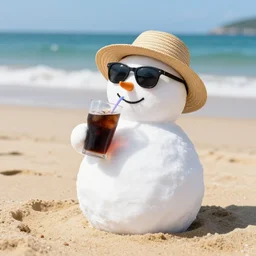 a ( ( snowman wearing straw hat and sunglasses ) ), ( ( relaxing on sandy beach drinking cold soda ) ), on a beautiful sunny day, photorealistic image ultra detailed, high resolution, trending at artstation