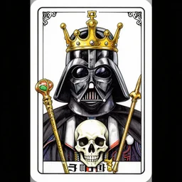 darth vader, crown with gold plated ornaments, tarot card wit black ornate border frame, white, gold, copper green, black, ink, detailed, skull, scepter, symmetrical, ink illustration, dorohedoro style ,by peter mohrbacher