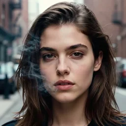closeup portrait of alexandra daddario in a smoky new york back street, photograph, natural light, detailed face, magazine, press, photo, Steve McCurry, David Lazar, CANON Eos C300, ƒ5.6, 35mm