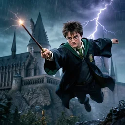 slytherin harry potter flying with his wand forward. hogwarts castle and lightning strikes in the background. bad weather
