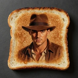 a piece of toast with the image of young male indiana jones burnt into the side, photo quality, highly detailed