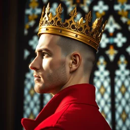 side - view portrait of a man wearing a golden crown, crowned, crown with short spikes, low and slim crown, buzzcut, stubble, he wears a red coat, gothic stained glass window, very masterful, royal, backlit
