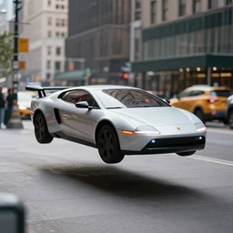 photo of a flying car that hovers above the pavement in the 5 th avenue of new york. it has a new propulsion system with antigravity engines. highly detailed