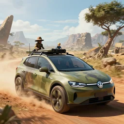 a militarised electric car designed by volkswagen driving through madagascar, artgerm and wolp, an epic fantasy, volumetric light, detailed, an epic fantasy, trending on art station, octane render, shadow of the tomb rider