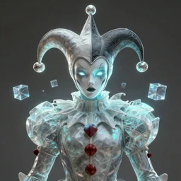 front shot of a court jester character, hyperdimensional, bioluminescent ethereal hypercubes, ((intricate)), elegant, highly detailed, centered, (((artstation, concept art, smooth, sharp focus, artgerm, Tomasz Alen Kopera, Peter Mohrbacher, donato giancola, Joseph Christian Leyendecker, WLOP, Boris Vallejo))), mugshot!!!!!, ugly!!!!!!, octane render, nvidia raytracing demo, grainy, muted