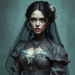 portrait of beautiful female model by irakli nadar with intricate detailed wearing classical victorian dress, haunting, elite, elegant, ruan jia, dark, hyper detailed, concept art, by gustav klimt,