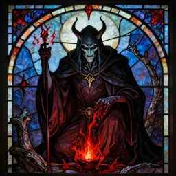 Evil sorcerer using blood magics, stained glass art, no extra limbs