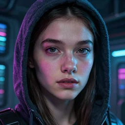 VFX movie of a cyberpunk hacker closeup portrait in high tech compound artstation, beautiful natural skin neon lighting by Emmanuel Lubezki