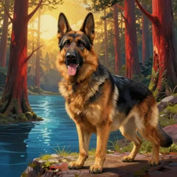 beautiful painting from the anime film by studio ghibli, German Shepherd, golden hour, 8k octane 3D render, redwood forest and mystical ocean, fur, japanese popsurrealism by murakami illustration by MC Escher