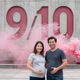 a couple of parents to be, smiling in front of 9 / 1 1 with pink smoke