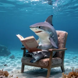a shark sitting in a chair reading a book underwater realistic hdr 8 k 3 5 mm