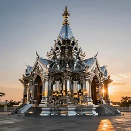 a temple made entirely of chrome at sunrise