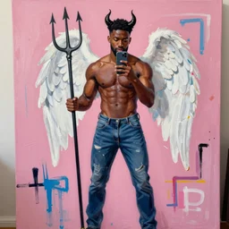 A mirror selfie of a black handsome muscular man with white angel wings and black devil horns holding an iPhone, pitchfork, full body, pink background, abstract jean-Michel Basquiat oil painting with thick paint strokes, oil on canvas, aesthetic, y2k, intricately detailed artwork, trending on artstation