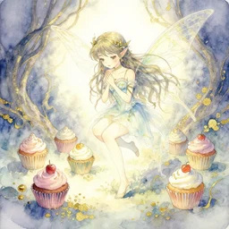faerie spirit of cupcakes, lost in a liminal space. this watercolor and gold leaf work by the award - winning mangaka has a beautiful composition and intricate details.