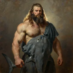 subject: muscular oversized shark barbarian in medium shot backlight portrait, style:  very heavy textured rembrandt oil painting with dramatic light