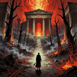 the long and perilous lonely road to nowhere, a hero travels alone in an attempt to escape the cursed depths of abyssal Hades, art deco, grimdark vibrant palette, highly detailed realistic fantasy artwork. Greek architecture ruins, boiling steam charred trees