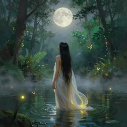 painting of a woman with long black hair standing in a lagoon under the full moon, faintly glowing golden dust, fireflies, butterflies, verdant lush forest, volumetric fog, diaphanous cloth, cinematic lighting, god rays!!!, painterly!!!, by fenghua zhong!!!, by bouguereau!!!!!!!, by maxfield parrish!!, by luis ricardo falero!!, portfolio illustration, highly detailed, trending on artstation, cgsociety, hq, 8 k, 3 5 mm lens, f 2. 8, bokeh, rendered in octane.