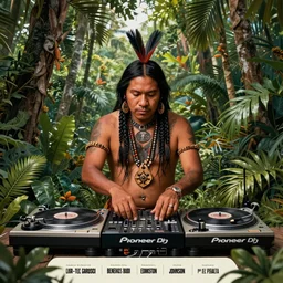 an indigenous man deejing with pioneer cdj 3 0 0 0 turntables in the jungle, poster art by daniele caruso, benediktus budi, jason edmiston, vc johnson, powell peralta