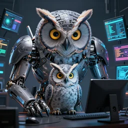 an giant evil, malevolent, cyborg owls looking at a computer, surrounded by computer screens. this 4 k hd image is trending on artstation, featured on behance, well - rendered, extra crisp, features intricate detail and the style of unreal engine. volumetric lighting octane render