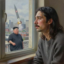 An Oil Painting of Rivers Cuomo in a sweater with long hair and a mustache sweating bullets as he looks outside his window in his apartment to see kim jong un's nukes falling onto the city, hyperrealistic, extremely realistic, highly realistic, HD Quality, 4k resolution, 8k resolution, Detailed, Very Detailed, Highly Detailed, Extremely Detailed, Intricate Details, Real, Very Real, Oil Painting, Digital Painting, Painting, Trending on Deviantart, Trending on Artstation