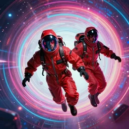 two scientists wearing red rick owens hazmat suits escaping the neon colored event horizon by frank frazetta
