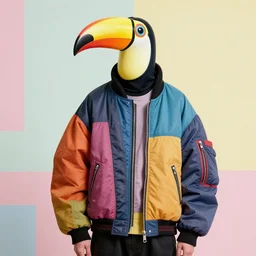 model in plastic toucan mask wearing baggy colorful 9 0 s jacket by rick owens. magazine ad. pastel brutalist background.