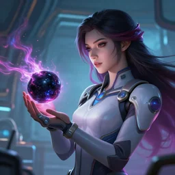 league of legends concept art beautiful young female scientist in hi tech suit holding small black hole in her hands, long hair, futuristic laboratory in background, black hole with plasma jets, art by charles liu, close - up profile shot, fantasy style, soft lighting, vibrant color scheme, female portrait, ultra detailed, volumetric lighting, octane render, commission art, 8 k wallpaper