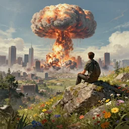 a man sitting on top of a rock covered hillside with flowers watching a nuclear explosion in a distant city with skyscrapers, nuclear attack, mushroom cloud, a detailed matte painting by filip hodas, cgsociety, fantasy art, cinematic, artstation hq, vfxfriday, dystopian art