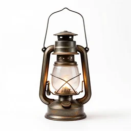 rustic oil lantern, commercial catalog photo, isolated on a pure white background, centered, entire object in frame, sharp focus, soft studio lighting