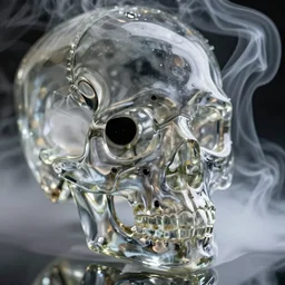 demon skull with space inside. glass and smoke. subject photography. 4 k. macro