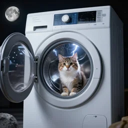 a cat stuck in a washing machine on the moon, cinematic lightning, 8k, octane render,