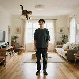 a full body portrait of a man and a cat in a wide room. the cat is above and to the left of the man