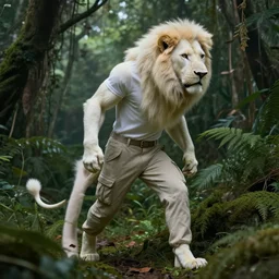 commission portrait of a male anthro albino lion,wearing cargo pants and a boack t-shirt,going through a jungle cautiously.dramatic,character design by charles bowater,greg rutkowski,ross tran,hyperdetailed,hyperrealistic,4k,deviantart,artstation,professional photography,concept art
