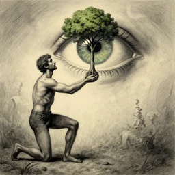 surrealistic drawing of a man collecting a tree that is growing out of the eye of abraxas, the flawed creator god who is a proponent of gnostic creationism