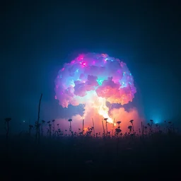 a nuclear explosion made out of flowers, eerie, mystical, vivid, apocalyptic, bioluminecent volumetric illumination, art station