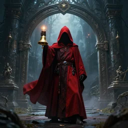 red hooded mage, holding a golden bell, standing in front of an arcane gate to another realm, mindblowing, landscape art, ominous, magical, dnd, 4 k uhd, very detailed - n 9