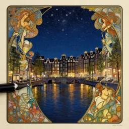 a view from the amstel river in amsterdam at night with the sky full of stars, intricate, elegant, highly detailed, digital painting, artstation, concept art, smooth, sharp focus, colored illustration for tattoo, art by krenz cushart and artem demura and alphonse mucha