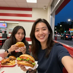 a best fast food in usa, people inside eating meals, midnight, selfie
