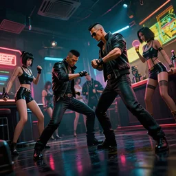 highly detailed photo of gangster in cyberpunk night adult club, 3 5 mm, show girls and gangsters, low angle, blade runner, akira, cinematic angle, cinematic lighting, reflections, action, fight - n 9