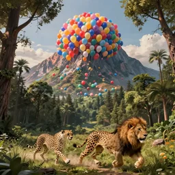 cheetah and a lion run through the forest and see a mountain of balloons , concept art, huge scale, high detail, sci fi by James Jean